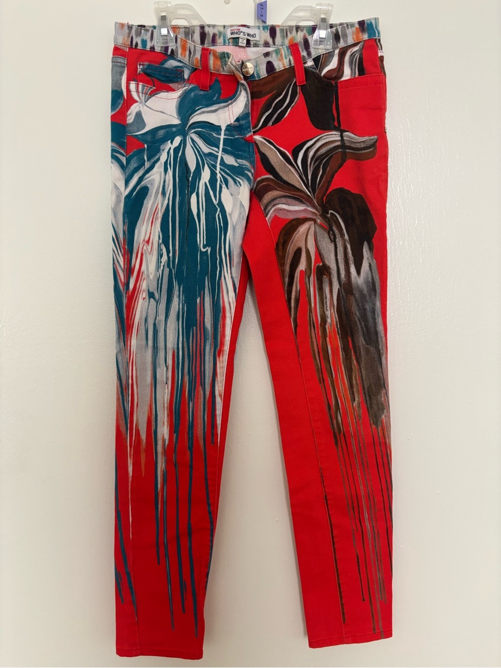 Who Is Who? Red Abstract Painted Skinny Pants